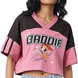 Powerpuff Girls: Baddie Women and Girls Short Sleeves V-Neck Pink Graphic Printed Cotton Lightweight Casual Streetwear Oversized Cropped T-Shirt-image-39