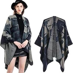Blue Multi Color Pattern Women's Warm Winter Knitted Shawl Ruana Wraps Wrap Cape Winter Sweaters Open Front Poncho Cape Large Open Coat For Female Girl Women-4