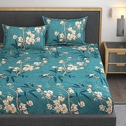 AMEYAA Premium Heavy Cotton Elastic Fitted Bedsheets with 2 King Size Pillow Covers || Double Bed with All Around Elastic 350 TC || 72 x 78 Inch King Size Fitted || - Green Flower-19