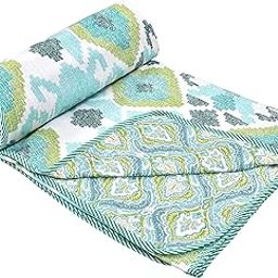 Cotton Reversible Dohar/AC Blanket for Single Bed |All Weather Light Weight | Pack of 1-Green Flower-27