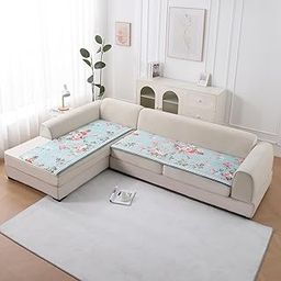 HOKIPO Printed Holland Velvet L Shape (3+2 Seater) Sofa Cover Seat Mat with Foam Filling, Fresh Floral Pastel Blue (IN-823-D3 + IN-825-D3)-image-29