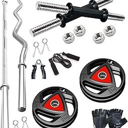 Amazon Brand - Symactive Professional Home Gym Set with Rubber Coated Metal Plates, Gloves, Hand Grip and Skipping Rope, 10 Kg, Combo2 | Multicolor-69