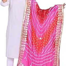 Women's Jaipuri Bandhani/Bandhej Silk Heavy Gota Patti Aari Work Pink Red Dupatta-image-51
