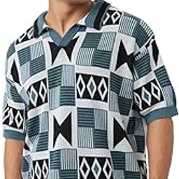 Jacquard: Kaleido Men and Boys Short Sleeve Collared Neck Blue All Over Printed Cotton Breathable Fabric Lightweight Oversized Polos-image-16