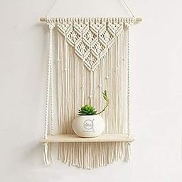 tms Unique Design Boho Handmade Macrame Hanging Decor Wall Decor Floating Shelf for Books and Planters Livingroom, Bedroom - Off-White - 12Wx5Dx24L inches (Off-White)-image-31