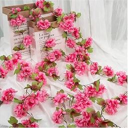 SATYAM KRAFT 2 Lines Artificial Cherry Blossom Rattan Vine (7.5 Ft) | Hanging Flower Garland for Home, Office, Wedding & Festival Decoration (Dark Pink, 230 cm),Fabric-image-1