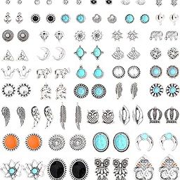 46 Pairs Vintage Multiple Assorted Boho Stud Earrings for Women Simple Geometric Stud Earrings Set Round Turquoise Earrings for Men Stainless Steel CZ Elephant Moon Feather, Stainless Steel-image-3