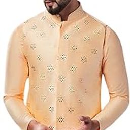 Men's Nehru Jacket, Nude Silk Blend, Embellished Regular Fit Mandarin Collar Sleeveless-52