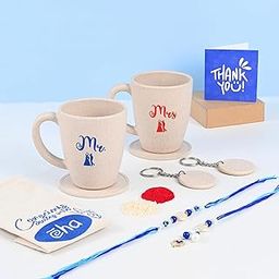 Eha Earth-Friendly Mr & Mrs Coffee Mugs Rakhi Gift Set for Bhaiya & Bhabhi | Made with Rice Husk | Raksha Bandhan Rakhi Thread with Roli Chawal | Set of 2 | 300 ml | Coffee Mug | Sand Castle-image-18