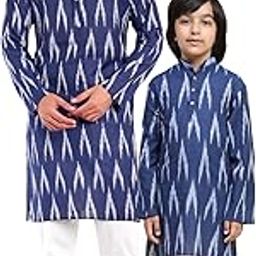 Pure Cotton Ikat Print Kurta Set for Father Son Ethnic Combo Dress-image-40