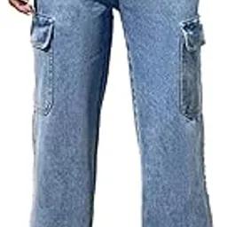 kotty Women's Solid High Rise Relaxed Fit Cargo Jeans-picture-0