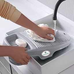 Nurah Water-saving Washboard Scrubbing Pad for Children's Clothing and Shirts with Anti-Skid Household Hand Towels with Soap Holder (Grey, 1 piece)-image-5