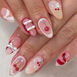 Secret Lives Glossy Reusable Artificial Translucent Pink & Red Color with 3D Bow & Pearls Design Press on nails 24 Pieces Set with Kit-image-66