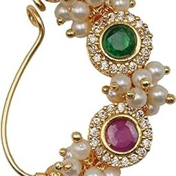 Traditional Maharashtrian Nath Nose Ring, Gold-Plated, Green & Pink Stone with Pearl Beads, Wedding Jewellery for Women-image-75
