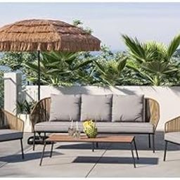 Mymigos Outdoor 4 Piece Rope Conversation Sofa Set with Three-Seater Sofa, Two Armchairs, and Wood Top Coffee Table for Garden, Deck, Poolside, Terrace (Beige and Grey) 5 Seater-image-38