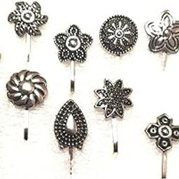 Nose Pin for Women and Girls Silver Oxidised Nose Pin Without Piercing Nose Pin Combo Accessories Jewellery for Women Birthday Gift for Girls and Women Anniversary Gift for Wife PACK OF 12-image-13