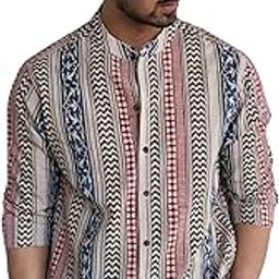 Men's Printed 100% Cotton Full Sleeve Regular Fit Mandarin Collar Casual Wear Short Kurta Shirt (V_7895_Multicolor_M)-image-16