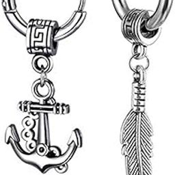 Men Wheel Ship Anchor Ship With Feather Ring Long Chain Silver Stainless Steel Hoop Earrings-image-96