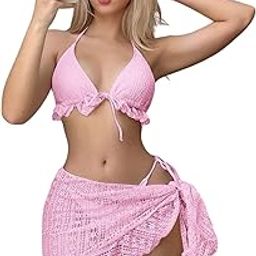 LUXZII Women's 3-Piece Crochet Bikini Set with Halter Ruffle Top and Side Tie Cover-Up Skirt – Sexy Swimsuit Beachwear for Summer, Pool, Vacation-image-57