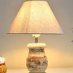 Rustic Wooden Coolie Pot Table Lamp Dome Vintage Small Lamps Whitewash Decorative for Small Spaces Bedside Lamps Suitable for Nightstand Children's Room or University Dormitory, (Jute Shade)-image-31