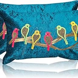 Mystik Homes Sparrow Embroidered Sequence Stone Work Sparkle Velvet (12x18 inch) Set of 2 Cushion Covers (Dark Green 12x18 (2 Covers))-image-12