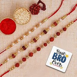 eCraftIndia Set of 3 Pearl, Diamond, Rudraksha Designer Rakhis, Best Bro Ever Fridge Magnet with Roli Chawal Pack - Rakhi for Brother, Bhaiya, Bhai-61