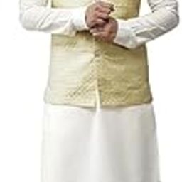 Men Lime Yellow & White Woven Jacquard Nehru Jacket-9