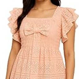 Women's Net Lace Top with Ruffle Sleeves, Square Neck, Back Tie Detail-image-25