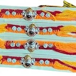 4 Piece Khatu Shyam Baba Chandi Rakhi - Full Shinning in Red & Yellow Thread-image-5