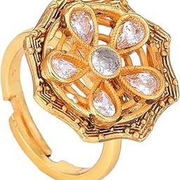 Fashion Jewellery Finger Rings for Women Gold Plated Trendy Floral Design White Crystals Embellished Matte Finish Adjustable Finger Ring for Girls and Women-AD-152-IGWE RING-image-12