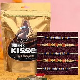 TIED RIBBONS Rakhi for Brother with Chocolate Gift Hamper - Set of 5 Rakhi for Brother Bhaiya Kids Men Boys with Hershey's Kisses Chocolates Pack Greeting Card and Tikka - Bracelet Rakhis for Brother-image-18