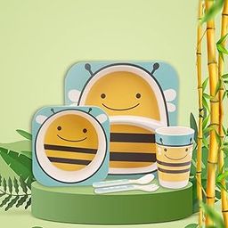 Tony Stark Baby Feeding Set Bamboo Baby Tableware Newborn Essentials for Toddlers Kids Self Feed Food Plate Set Pack of 5 Baby Set (Honey Bee)-18