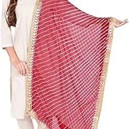 Woman's Red Leharia Chiffon Dupatta with Gotta Patti Border-54