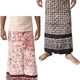 MEN'S Pure Cotton wex batik handloom Lungis (Set of 2, Free size 2.25 mtr, brown and Maroon)-picture-28