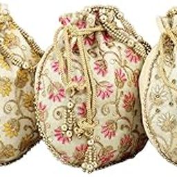Floral Creeper Cream Potli Bag for Women, Return Gifts for Housewarming, Traditional Potli Pouches for Gift, Bridal Potli Purse, Party Favor Gift Bags (Set of 3)-31
