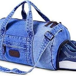 Denim Gym Duffel Bag with Shoes Compartment - Blue-45