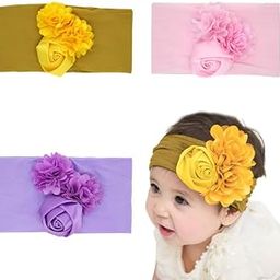 Shivashay PACK OF 3 Baby Headbands Soft Nylon Fancy Flower Strechable Hairbands Newborn Infant Toddlers Kids 0-3 Year(Pink-Yellow-Purple)-image-47