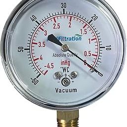 PRM Vacuum Gauge 0 to -60" WC / 0 to -4 inHg, 2.5 Inch Dial, Chrome-Plated Steel Case, Brass Internals, 1/4 Inch NPT Bottom Mount, Dry Gauge for Air & Water Applications, ±1.5% Accuracy-14