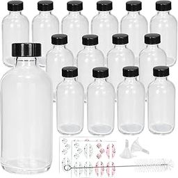 15 Pack Glass Clear Boston Bottles with Black Poly Cone Cap, 4 oz Round Glass Bottle for Essential Oil, Perfume and Liquid, Contains 24 Colored Labels, 2 Funnels, 1 Brush-24