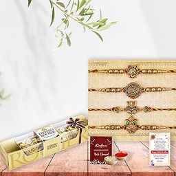 eCraftIndia Set of 4 Shrinathji, Peacock, Ganesha, Kalash Designer Rakhis with Ferrero Rocher and Pack, Raksha Bandhan Greeting Card - Rakhi Gift Hamper for Brother-image-32