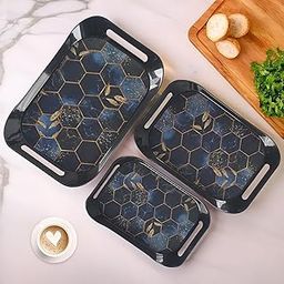 Kuber Industries Durable 3 Tray Set for Serving Snacks with Handles | Multi-Use Nashta Plate & Kitchen’s Tea Tray | Perfect for Hosting Guests at Home & Hotels | Hexagon Print - Black-30