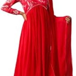 Red Georgette Anarkali Kurta Set with Pants & Dupatta | Wedding & Festival Wear Outfit-image-3