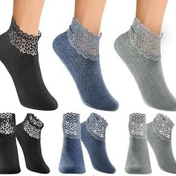 3 Pairs Lace Warmer Socks No Show Frilly Socks Comfortable Ruffle Socks for Women Non Slip Short Ankle Socks Multicolored Warm Socks for Winter (Black, Gray, Blue)_Free Size-image-98