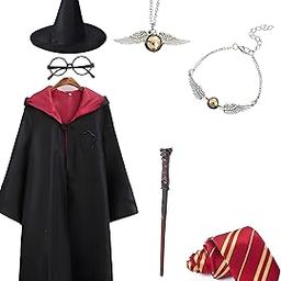 QuickHaven 9 Pcs Costume Set, Wizard Costume, Robe with Magic Stick and Scarf, Tie and Glasses,Necklace and Bracelet, Halloween Cosplay Outfit, Size for 145cm Height, Suitable for Evening Parties-image-33