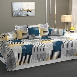 YaAkholic Premium Microfiber 220 TC Floral Pattern 6 Pieces Diwan Set Covers with 1 Single Bedsheet, 2 Bolster Covers and 3 Cushions Cover, Blue Yellow-71