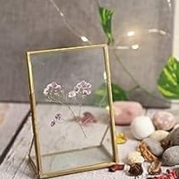 Decorative Glass Photo Frame with Gold Metal Stand, Table Brass double Glass Photo Frame for Dried, pressed Flowers, Poster, Photos, Floating Frame for Gifting 5x7 inches Tabletop, decorative.(Golden)-23
