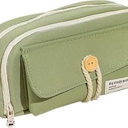 LSARIMO Stylish Canvas Pencil Pouch for Girls & Boys | Multi-Compartment Zipper Pen Case with Front Button Pocket | Aesthetic Stationery Organizer (Green)-image-124