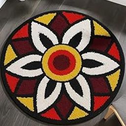 24 X 24 Inch Round Cotton Rangoli Mat, Traditional Floral Design, Decorative Floor Art for Diwali, Red-Yellow-White & Black |Brand: ISHKUNJ-image-16