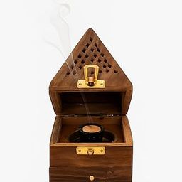 Wooden Sambirani Smoke Box with Brass Fittings, Dhoop Dani Charcoal Holder for Pooja and Meditation, Brown, 24x8x7 cm-image-2