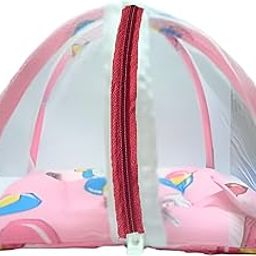 FKM Laddu Gopal Kanah ji Handcrafted Comfortable Bed/Bister/Singhasan with Mosquito Net and Pillows | Machardani for Krishna Ji | Laddu Gopal Bed, Jhula, Singhasan, Thakur ji Bed (Pink Printed)-8